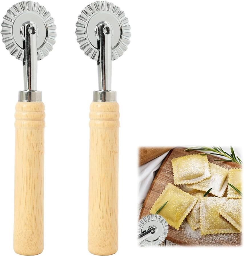 Pasta- en Pizzacutter Set met Ribbelmes en Houten Handvat voor Ravioli Deeg en Dumplings 2 Stuks voor Thuisgebruik en Bakplezier