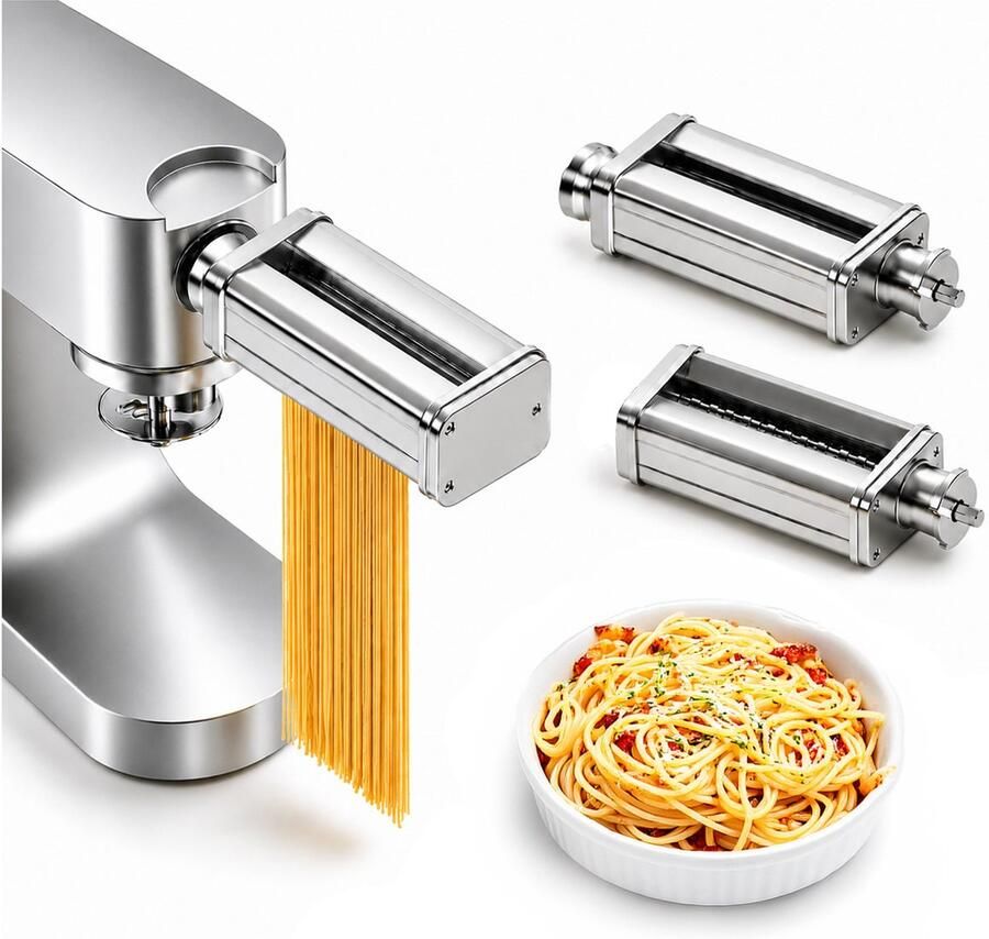Pasta Maker Attachment voor Kenwood Staande Mixer 3-delig – Pasta Roller Spaghetti Cutter & Fettuccine Cutter – Roestvrijstalen Accessoires Incl. Adapter – Mixer Accessoires voor Kenwood van MMOBIEL