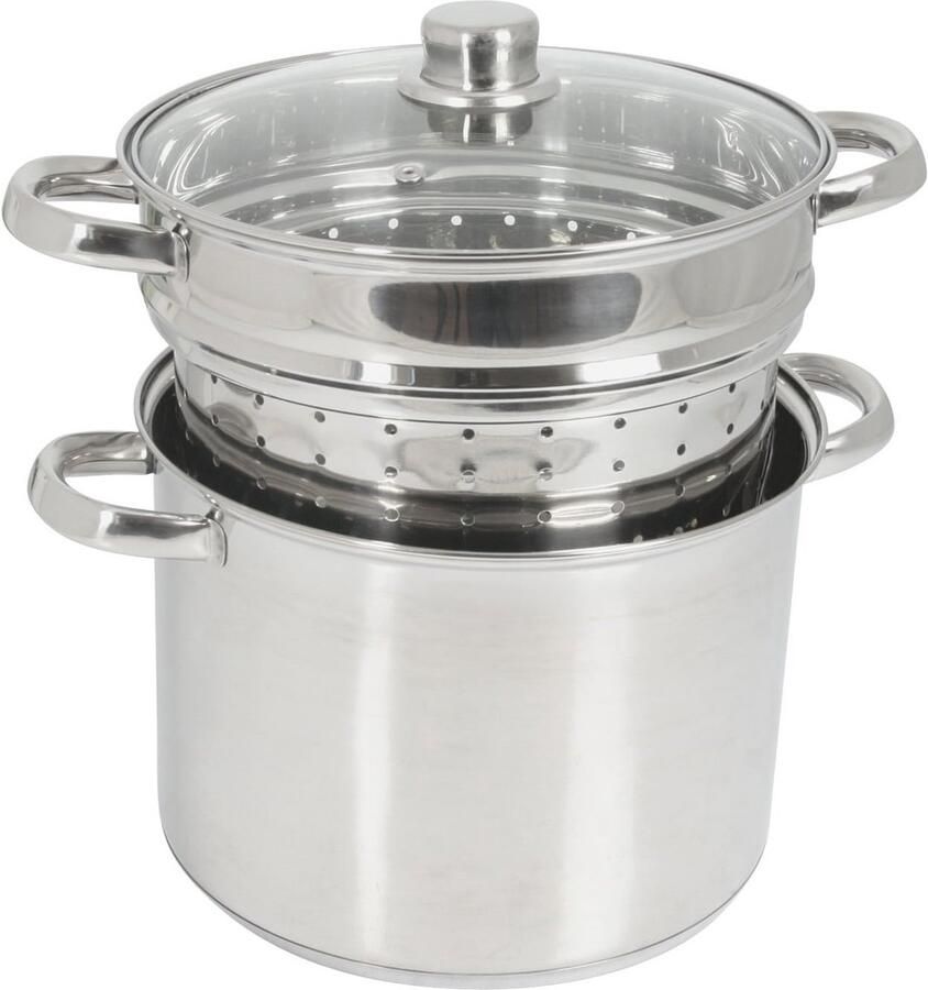 Pastakoker 8 liter roestvrij staal met glazen deksel en mand voor groenten