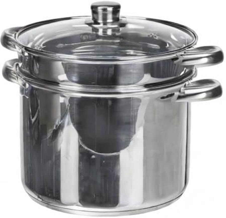 Pastakoker 8 liter roestvrij staal met glazen deksel en mand voor groenten