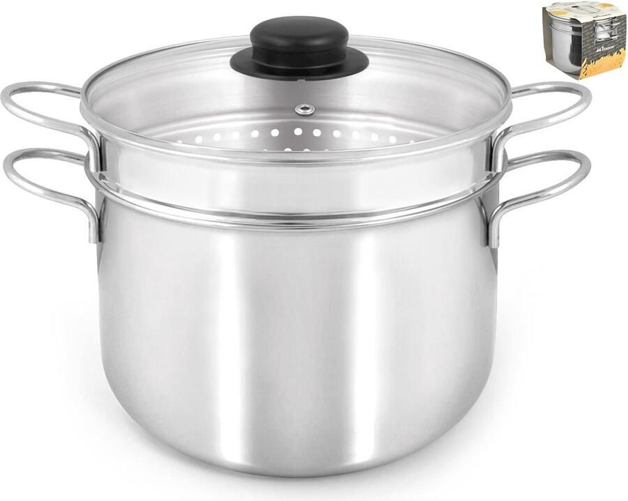 Pastakoker van 22 cm Roestvrijstalen stoompan met glazen deksel – Gasbruikbaar en vaatwasmachinebestendig