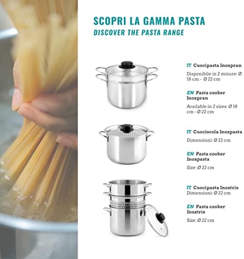 Pastakoker van 22 cm Roestvrijstalen stoompan met glazen deksel – Gasbruikbaar en vaatwasmachinebestendig
