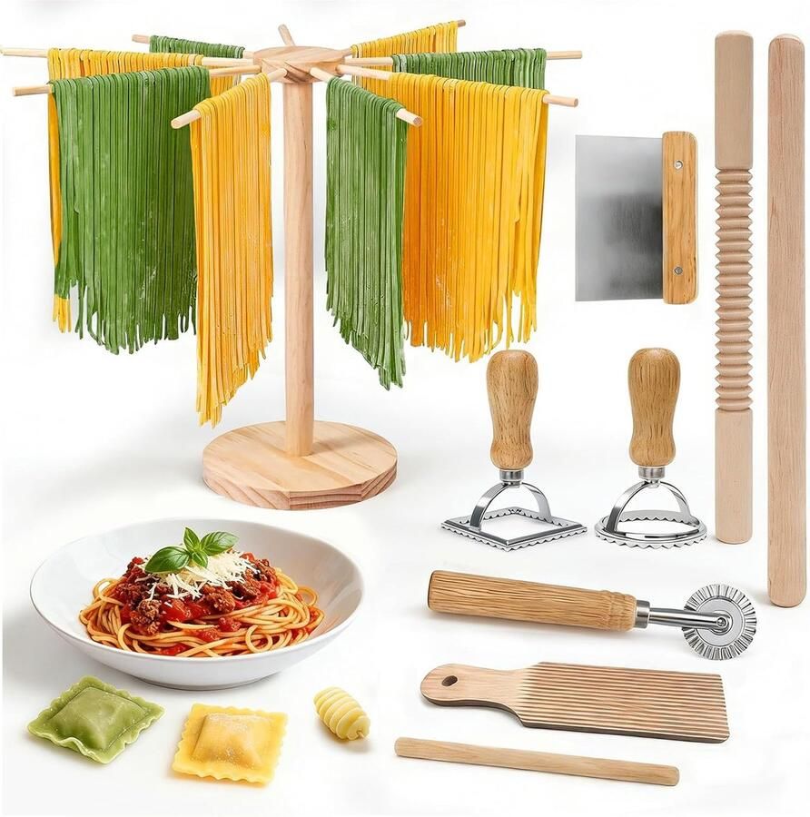 Pastamaker set 9 stuks met pastadroogrek deegroller met schroefdraad 2 deegrollers gnocchiplank deegsnijder pastasnijwielen 2 ravioli-stempels maak zelf pasta
