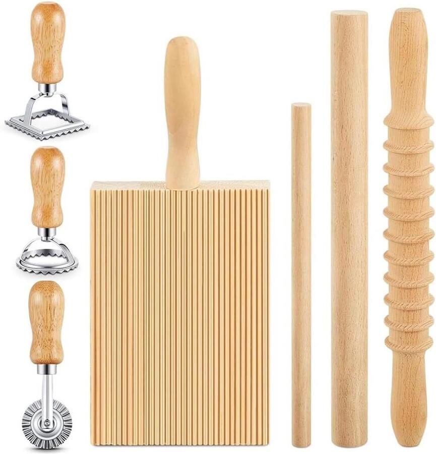 Pastamaker Set Deeg Gereedschap Zelf Pasta Maken Houten Materialen 7 Delig Natuurlijk Hout