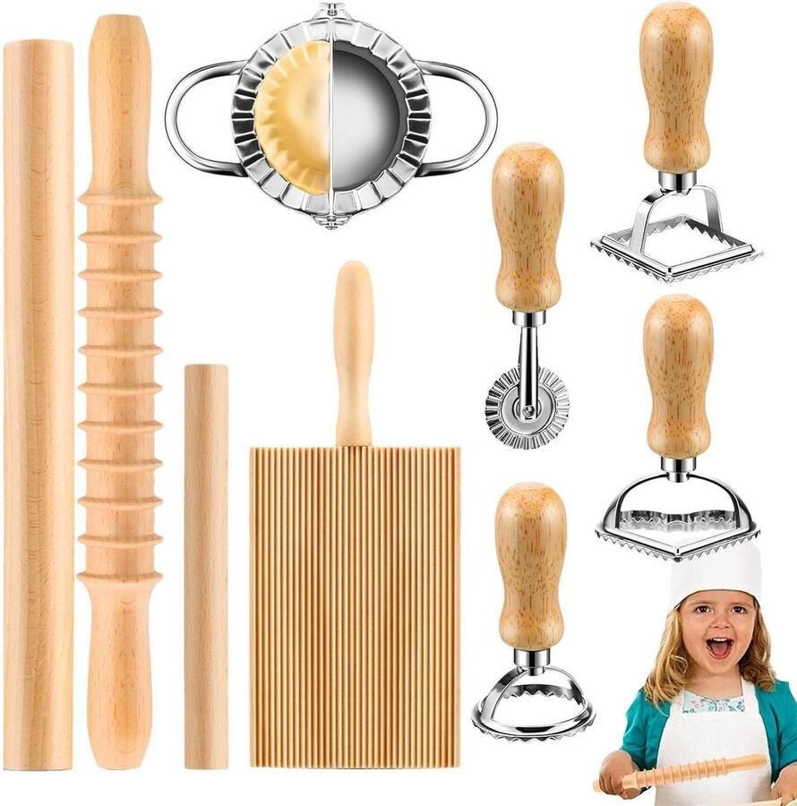 Pastamaker Set Deegroller Gnocchi Zelf Pasta Maken 9 Delig Keukengerei 36x21x6 cm Natuurlijk Hout