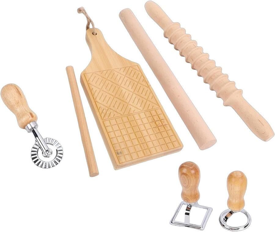 Pastamaker Set Deegroller Kneedle Zelf Pasta Maken Comfortabele Houten Grip 7 Delig Natuurlijk