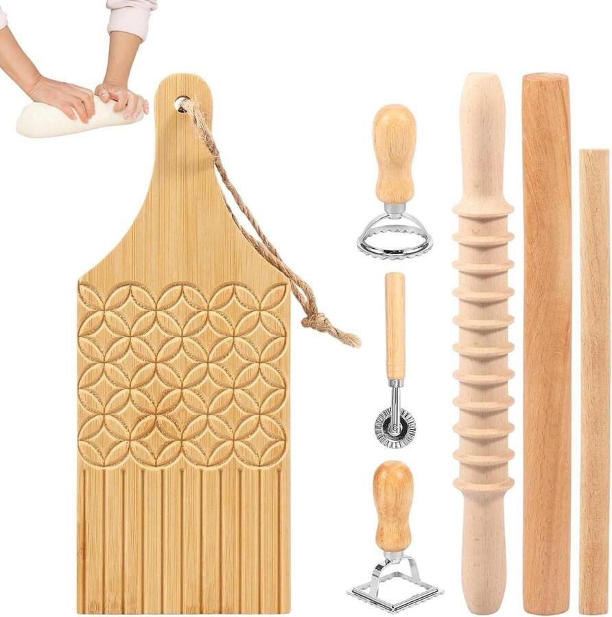 Pastamaker Set Deegroller Stempel Verse Pasta Maken Ergonomische Handgreep 7 Stuks Houtkleurig