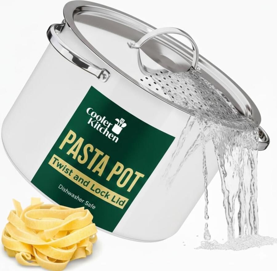 Pastapan met zeefdeksel Spaghettipot Kookpan Pasta Koken Twist & Lock Systeem 55 liter Wit