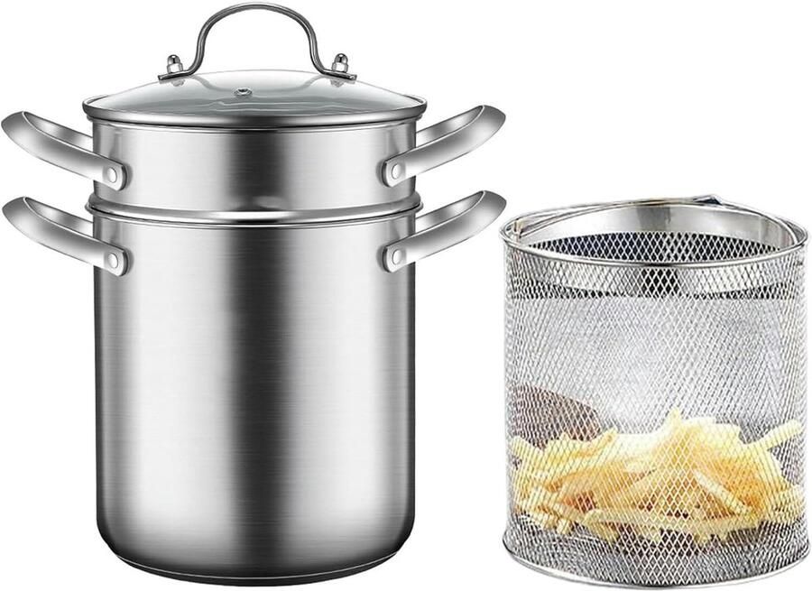 Pastapot met mand Aspargestomer Kookpan Gezond Koken 3-laags bodem 16.5x22x17.3 cm Zilver