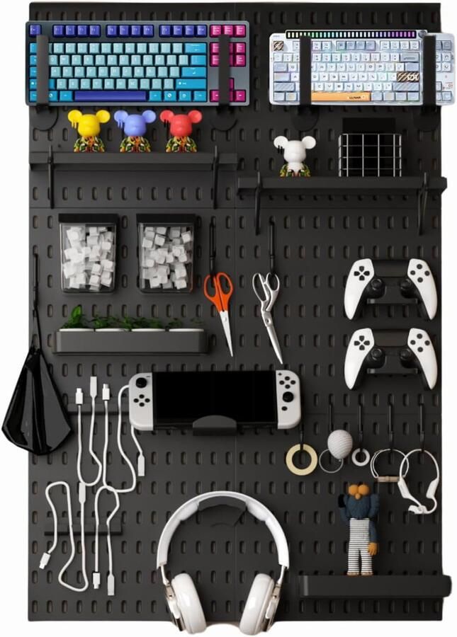 Pegboard Combinatieset accessoires modulair ophangen voor gaminginstallatie Gaming Station Gamingorganizer wallgame controllerhouder Headset Stand (zwart 84 x 56 cm)