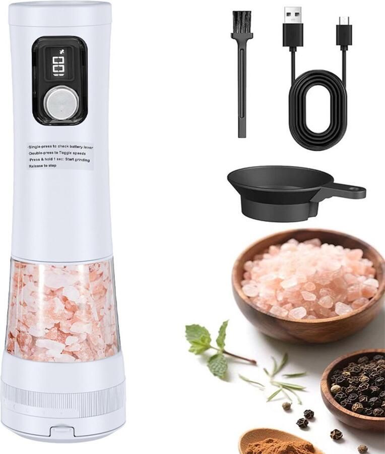 Peper en Zoutmolen set Elektrische Pepermolen Zoutmolen Draadloze Oplaadbare Molen 5 Fijnheidsstanden Wit