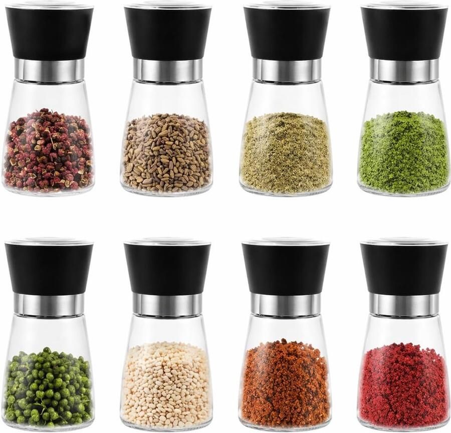 Pepermolen 8 stuks kruidenmolen 180 ml instelbare zoutmolen kruidenmolens met keramisch maalwerk zwarte glazen pepermolens kruidenmolen voor peper chili zout specerijen