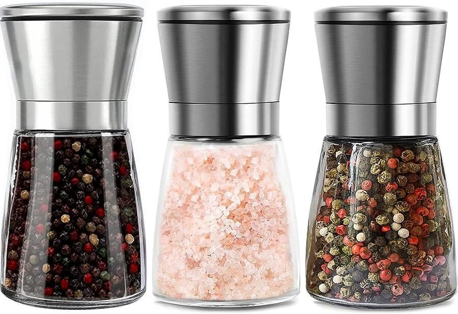 Pepermolens 180 ml handmatige kruidenmolens met verstelbaar maalwerk zoutmolen kruidenmolen met roestvrijstalen kop en glazen behuizing voor specerijen zout peper (zonder