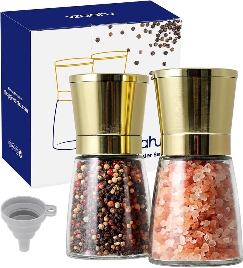 Pepermolens 2 set met keramische kern kaneel verstelbare grofheid kleur goud draagbaar navulbare kruidenmolens thuis keuken verjaardag housewarming geschenken