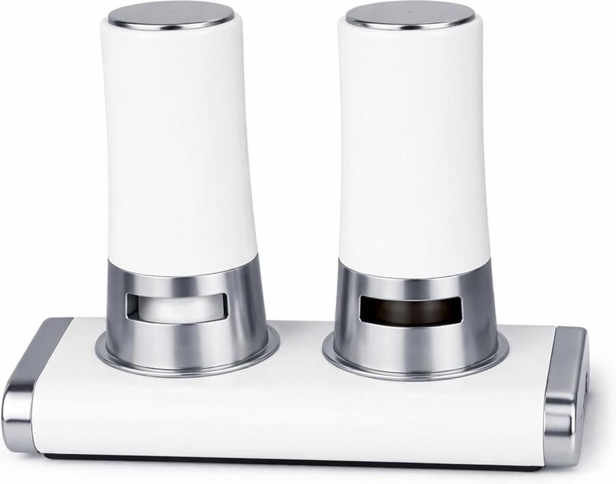 Pepermolens set roestvrijstalen molen met magnetische houder incl. stickers antislip 2-in-1 kruidenmolen modern design wit zilver voor keuken