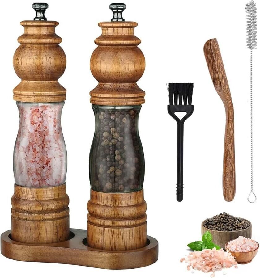 Pepermolenset met Houten Bord en Lepel 20 cm Handmatige Pepermolen Aanpasbare Maalgraad Navulbare Pepermolen met Keramische Maalkern voor Keuken Helder Acryl