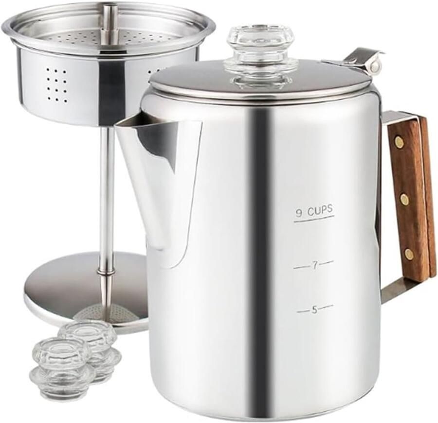 Percolator Koffiezetapparaat Camping Koffiezetter Outdoor Koffie Maken Transparante Glazen Knop 9 Kopjes Zilver