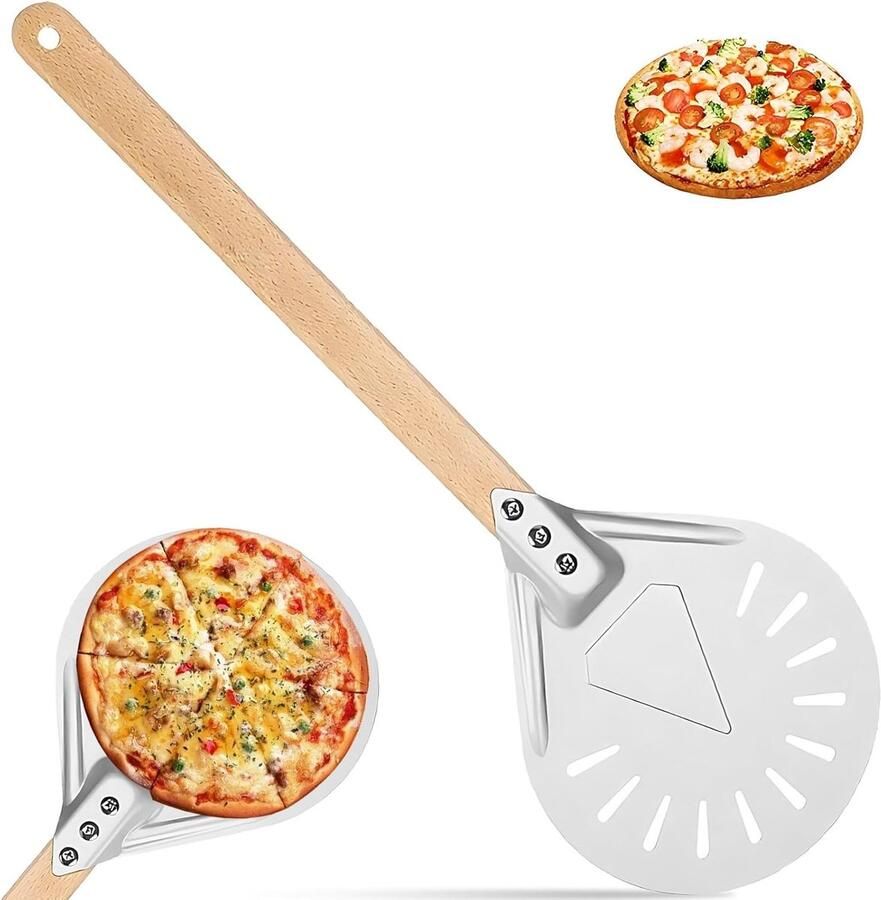 Perforated Pizza Draaischijf van 7 Inch met Lange Houten Handgreep Antiaanbaklaag voor Thuisgemaakte Pizza's Aluminium Bakpaddle voor Brood en Taart Professionele Niet-Slip Pizza Spatel