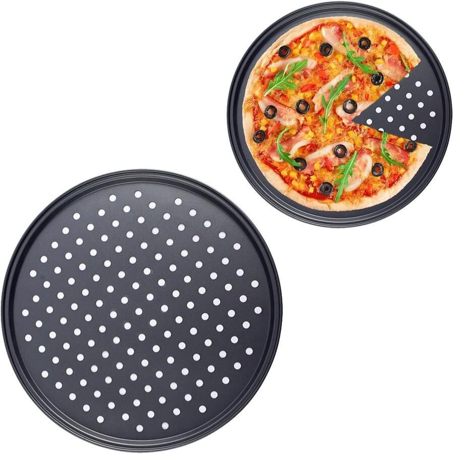 Perforated Pizza Plate van Carbonstaal met Antiaanbaklaag en Geventileerde Bodem voor Makkelijk Grillen en Bakken (24.5 cm)