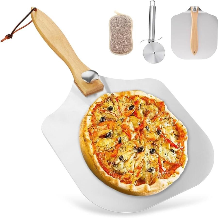Perforated Pizza Schep met Verwijderbare Houten Handgreep en Pizzasnijder voor Perfecte Pizza's Bakken 14x12
