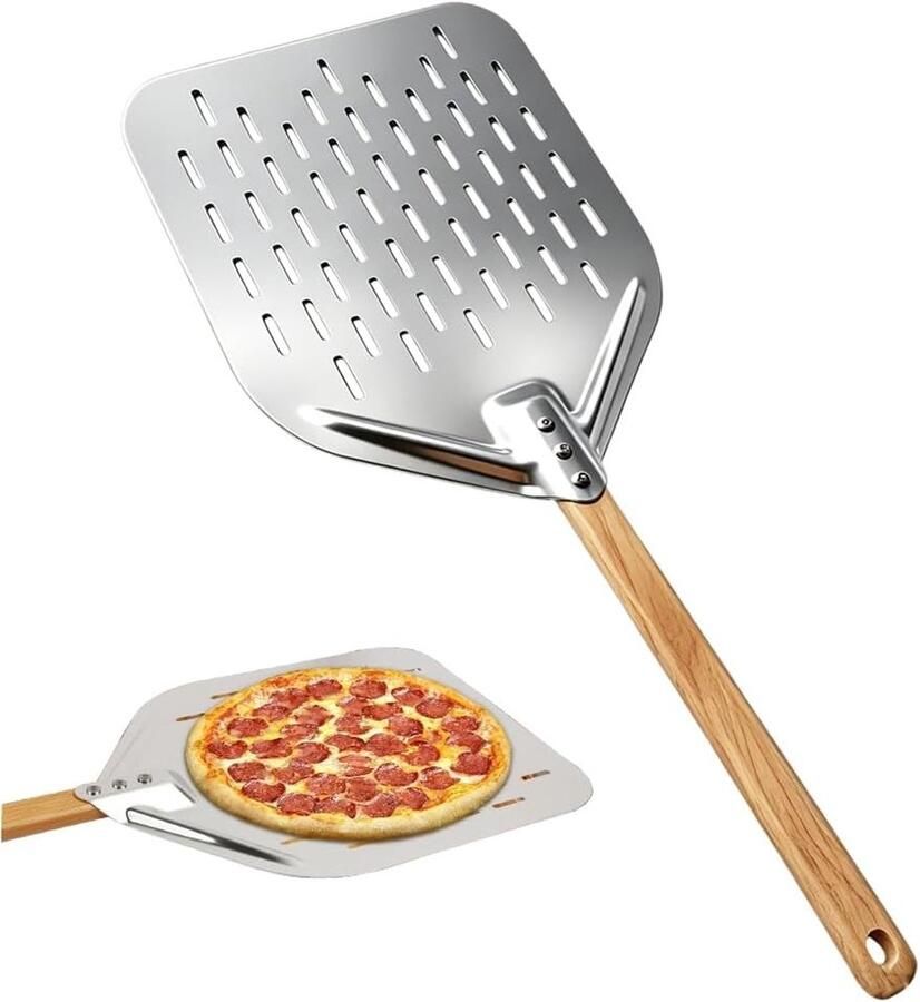 Perforated Pizza Schep van Aluminium met Houten Handvat voor Ovens Ideaal voor Thuis Pizza's Grillen en Bakken