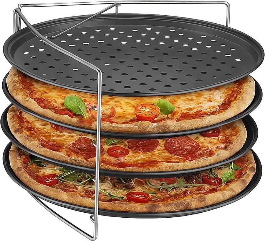 Pizza bakplaat set van 4 32 cm met rek antiaanbaklaag staal ronde ovenplaat antraciet
