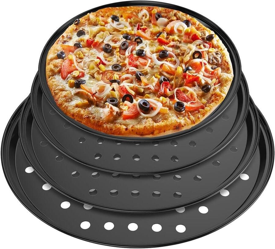 Pizza Bakplaten Set Thuis Bakken Geperforeerd Ontwerp 3 of 4 Maten Zwart