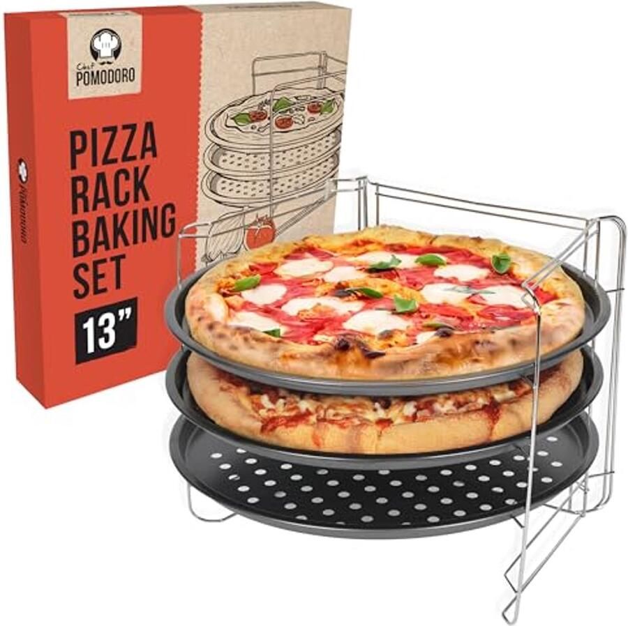 Pizza bakset met 3 geperforeerde pizzapannen en rek 33 cm (13 inch)