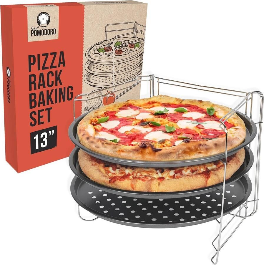 Pizza bakset met 3 geperforeerde pizzapannen en rek 33 cm (13 inch)