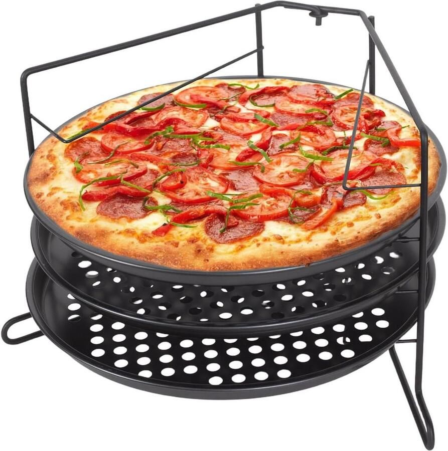 Pizza bakset met geperforeerde pizzaplaat en 3 pizzapannen 28 cm pizzabakplaat en 25 cm pannen met antiaanbaklaag voor oven grill en barbecue