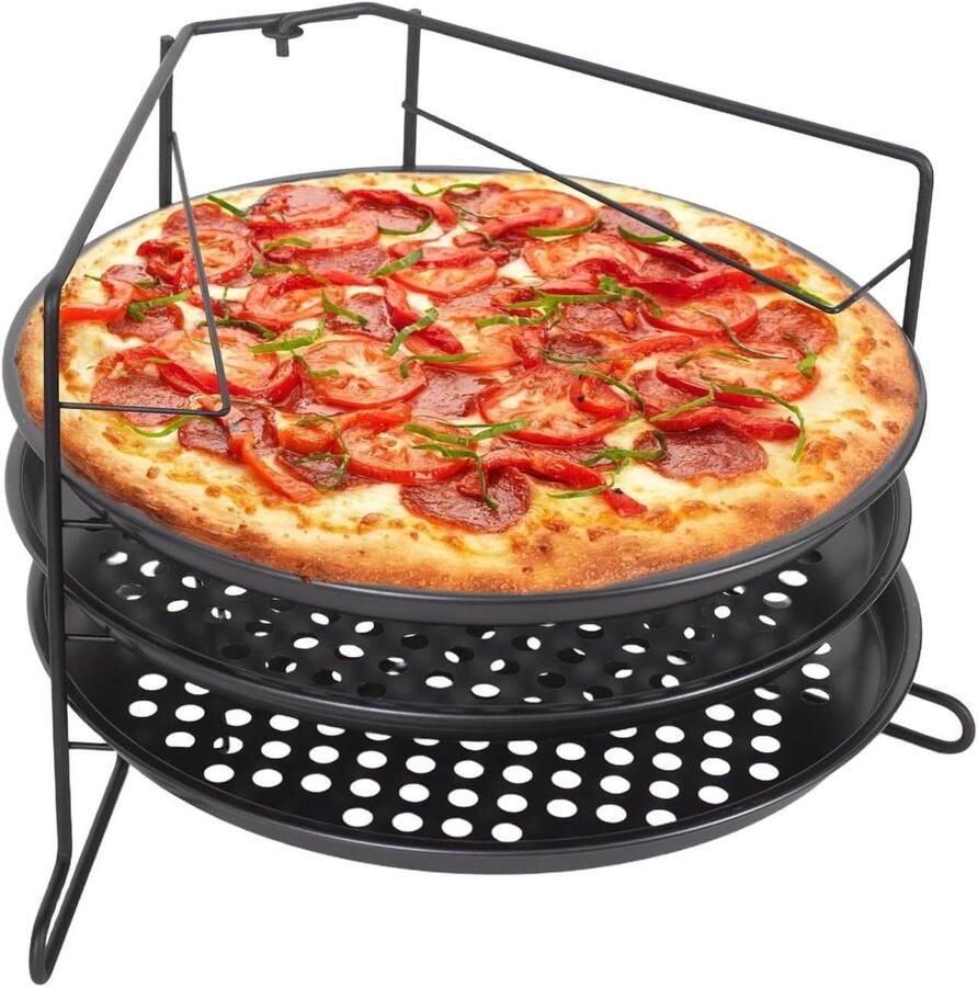 Pizza Bakset Pizzapannen Rek Meerdere Pizza's Geperforeerde Pannen 3 Pannen 25cm Zwart