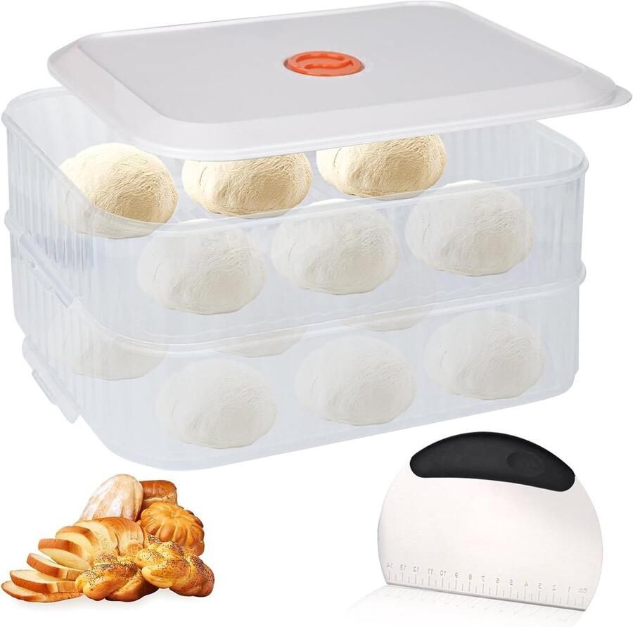Pizza ballen bewaardozen met deksel 31 × 23 × 9 cm inclusief RVS deegschraper en datumweergave voor vers pizzadeeg en andere deegsoorten