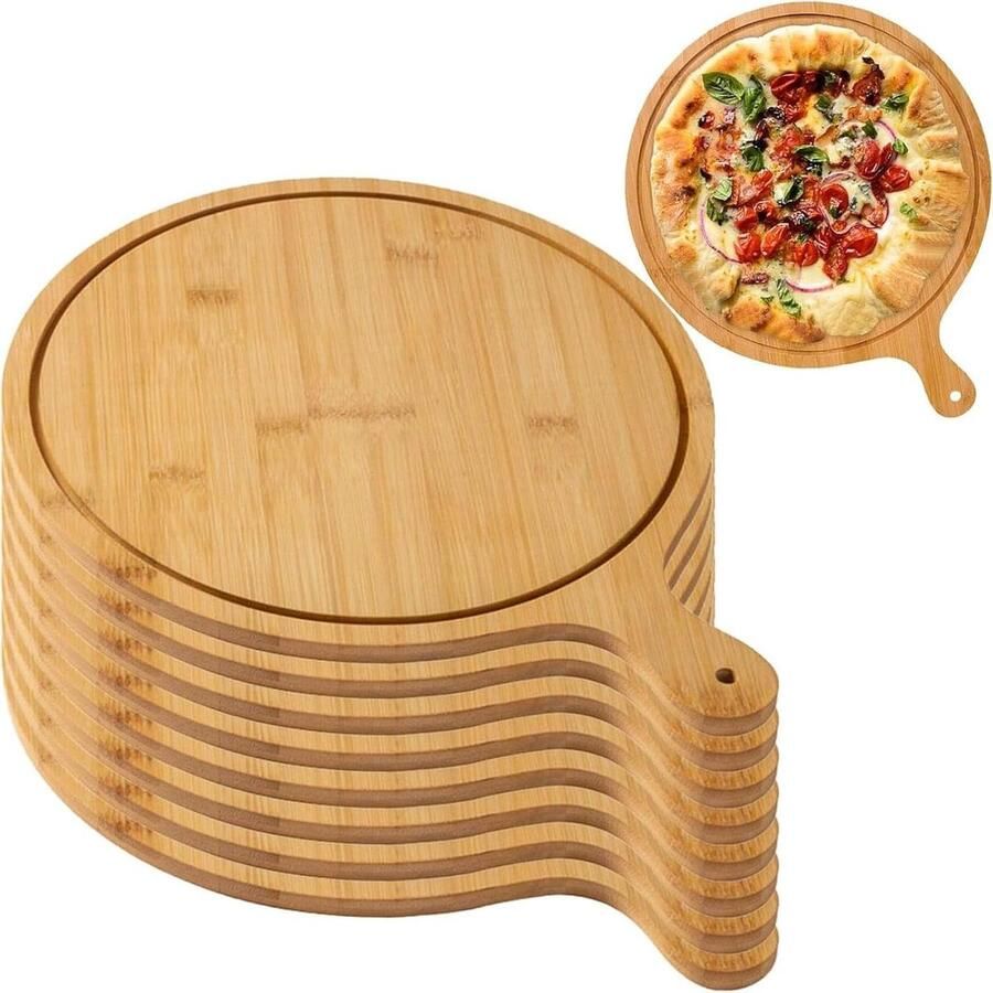 Pizza Bord Set Houten Serveerplanken Serveren en Snijden Met Handvat en Rand 6 Stuks 8 Inch