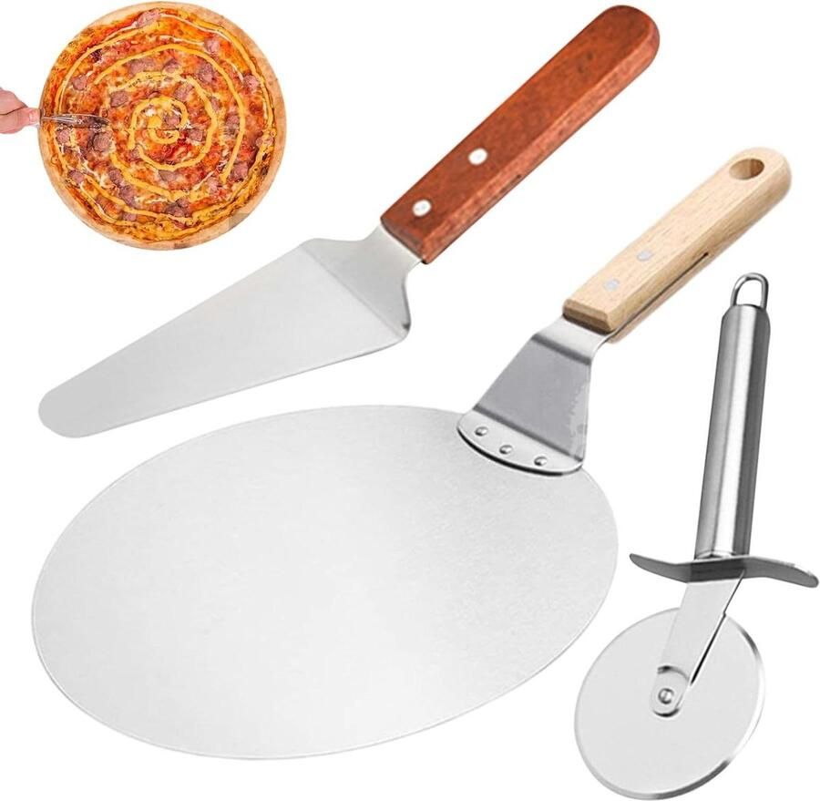 Pizza Gereedschap Set Bakgerei Keuken Pizza Bakken Houten Handvat 3 Delig Zilver
