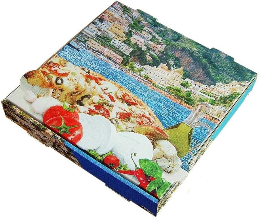 Pizza Kartons Pizzaboxen Dozen Eten Bezorgen Middellandse Zee Motief 41x41x4cm Kraftkarton