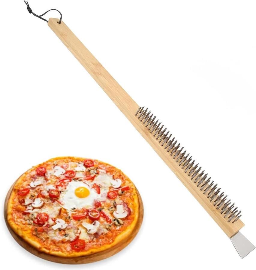Pizza Oven Borstel Grill Schraper Buiten Ovens Reinigen Hittebestendig Houten Handvat 57.5 cm Lengte