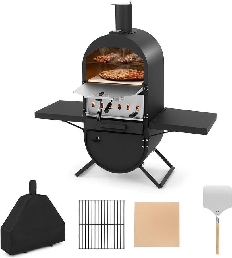 Pizza Oven Buiten Houtgestookte Oven Buiten Koken Dubbel Kookvlak 98 cm Hoog Zwart