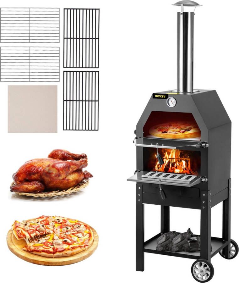 Pizza Oven Pizza Oven Buiten Met Wielen Pizza Steen Buiten Oven Hout Oven BBQ 2 Lagen Zwart