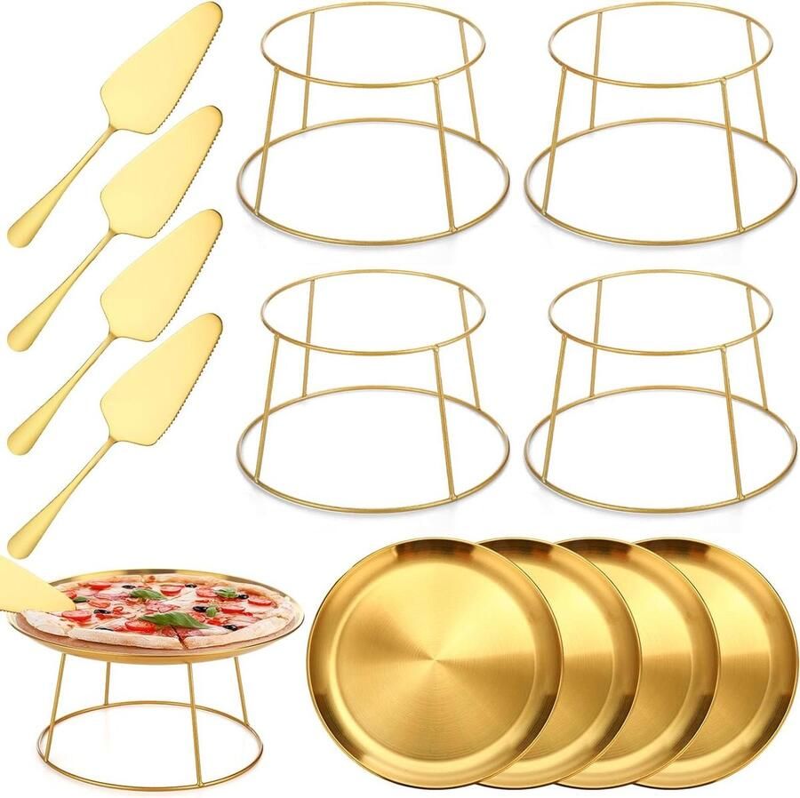 Pizza Pan Riser Sets Pizza Bakplaten Pizza Serveren Met Houten Handvat 12 Inch Goud