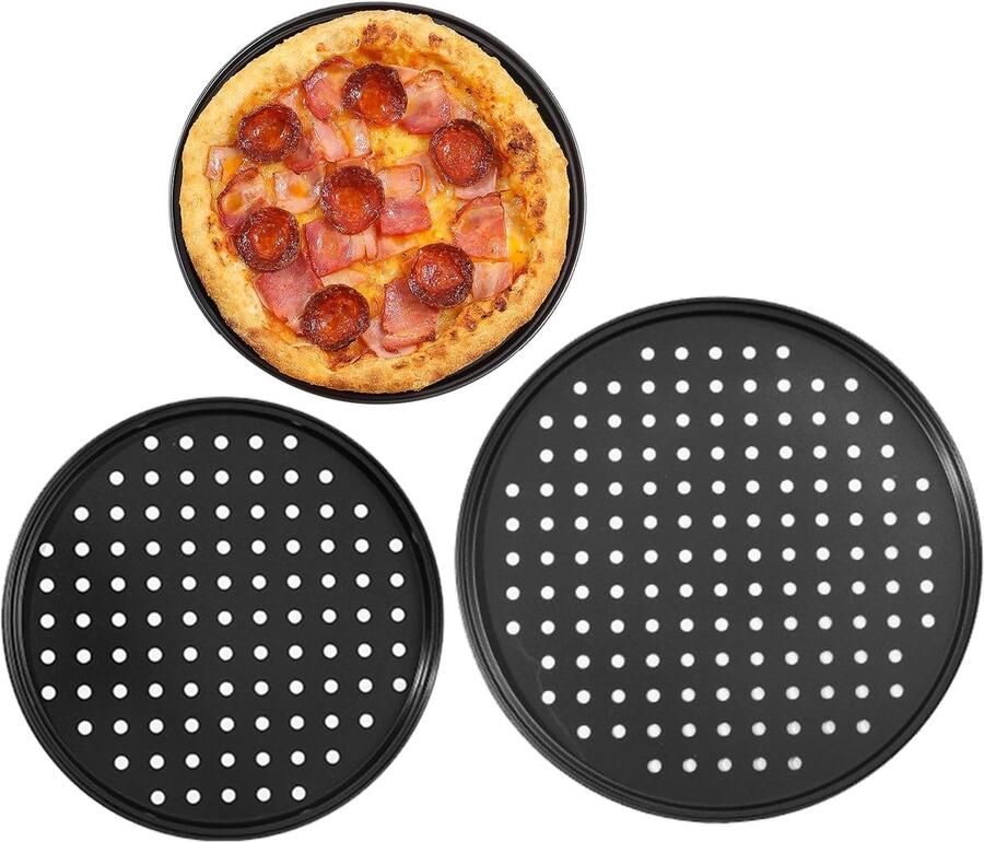 Pizza Pan Set Bakplaat Ronde Vorm Oven Bakken Geperforeerd Ontwerp 3 Maten Zwart