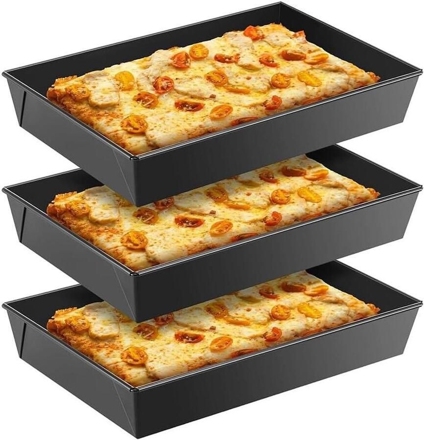 Pizza Pan Set Bakvorm Rechthoekig Pizza Bakken Gelijkmatige Warmte 3 Stuks 25x35cm Zwart