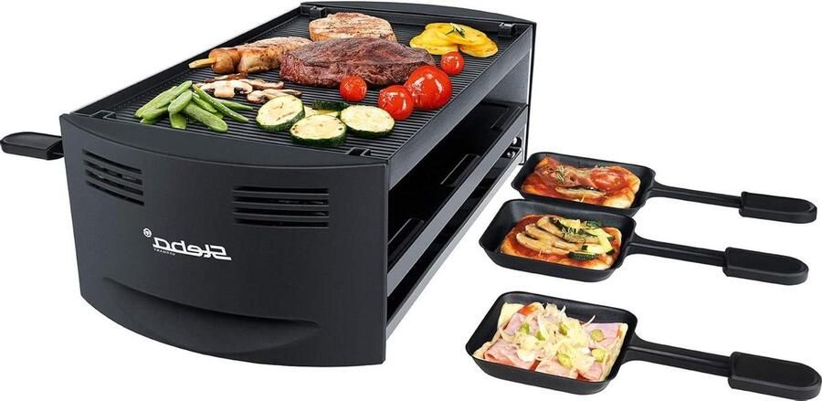Pizza Raclette Grill Elektrisch Gourmetstel Gezellige Avonden Dubbele Verwarmingselementen 6 Pannetjes Zwart