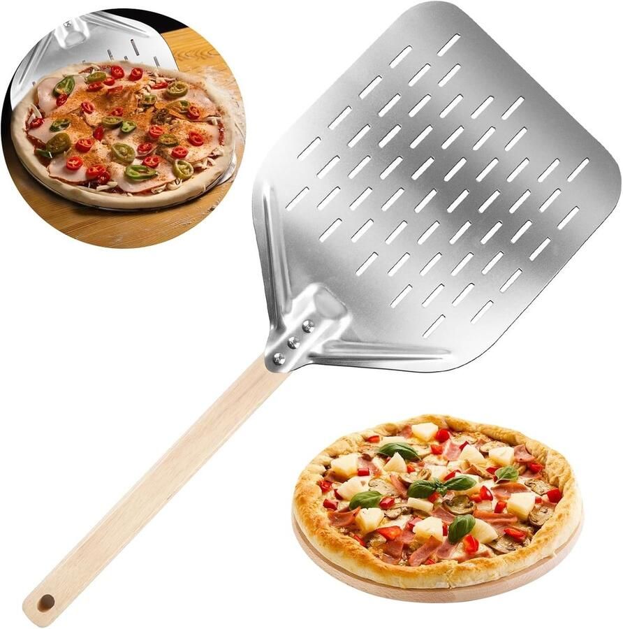 Pizza Schep met Perforaties 30 cm Geanodiseerd Aluminium met Anti-verbranding Handvat en Afneembare Lange Steel voor Perfecte Pizza en Taart