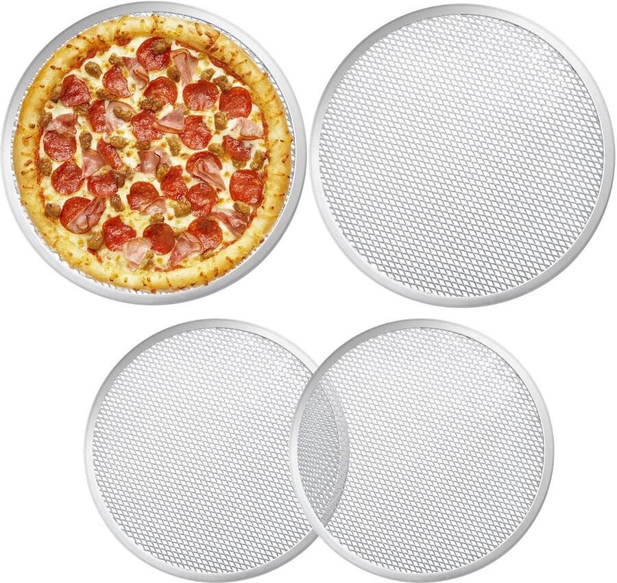 Pizza Screen 10 en 12 Inch – 4 stuks naadloos rond aluminium gaas voor knapperige pizza s – Set pizzamazen voor thuis en restaurant