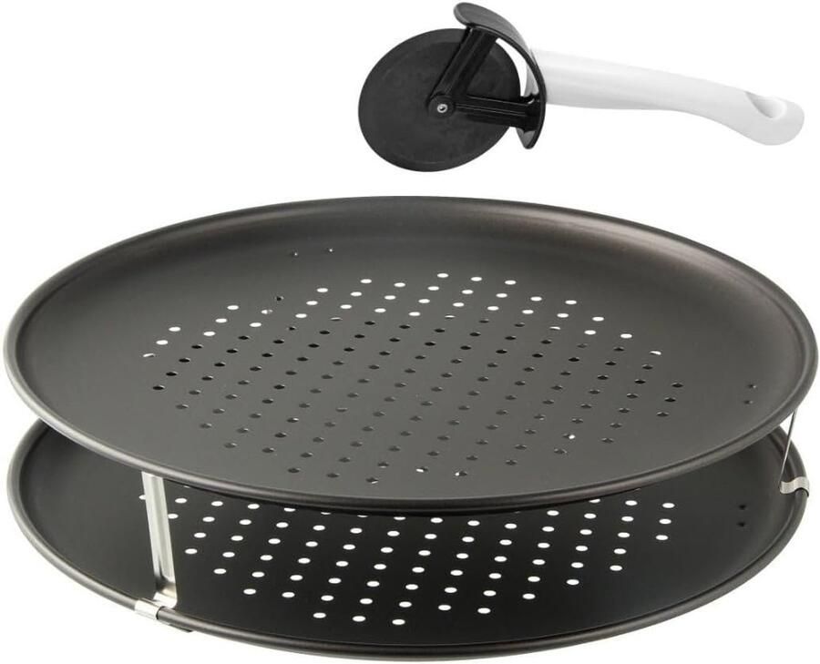 Pizza Set Bakplaat Pizzasnijder Crispy Pizza Bakken Perforatie Non-stick Ø 32 cm Zilver