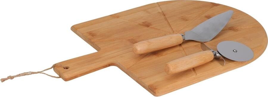 Pizza Set Pizzaplank Pizzames Pizza Snijden Serveren Mesvriendelijk Bamboe 43 x 30 cm Bruin