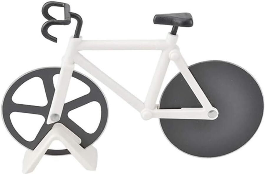 Pizza Snijder in de Vorm van een Fiets Dubbel RVS Antiaanbaklaag Inclusief Stand Perfect voor Thuis Pizza Liefhebbers 18.5X11.5CM Wit