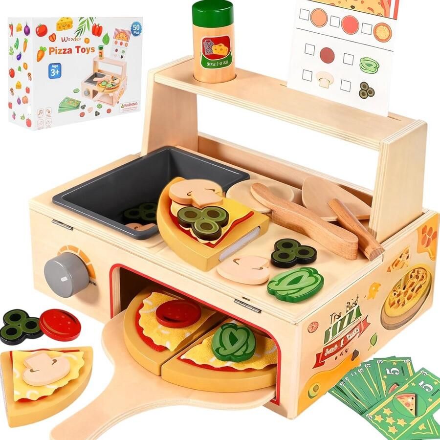 Pizza Speelset Houten Keuken Rollenspel Kinderen 50 Delige Set 31 x 21 x 20 cm Multicolor