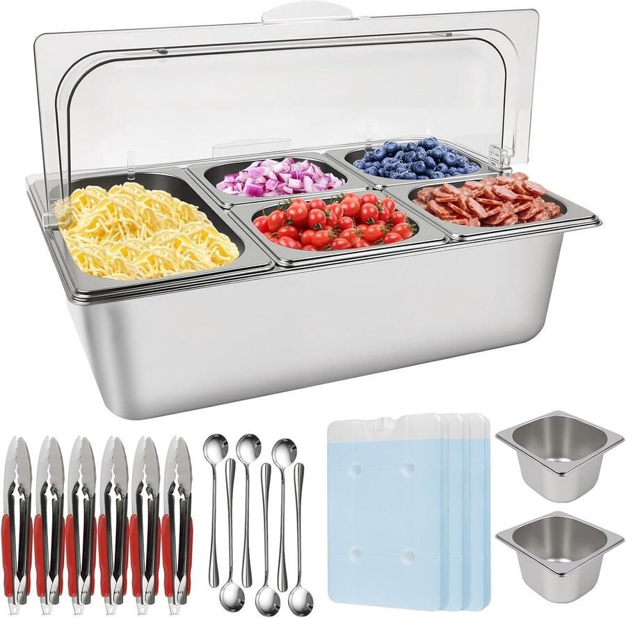 Pizza Tag Station met 7 Pannen van RVS Kruidenset en Buffet Organiser voor Sauzen en Ingrediënten in Keuken en Restaurant