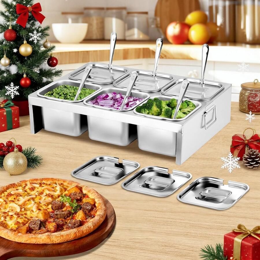 Pizza Topping Station Gekoelde Bakken Maaltijd Voorbereiding Roestvrij Staal 6 Bakken Zilver